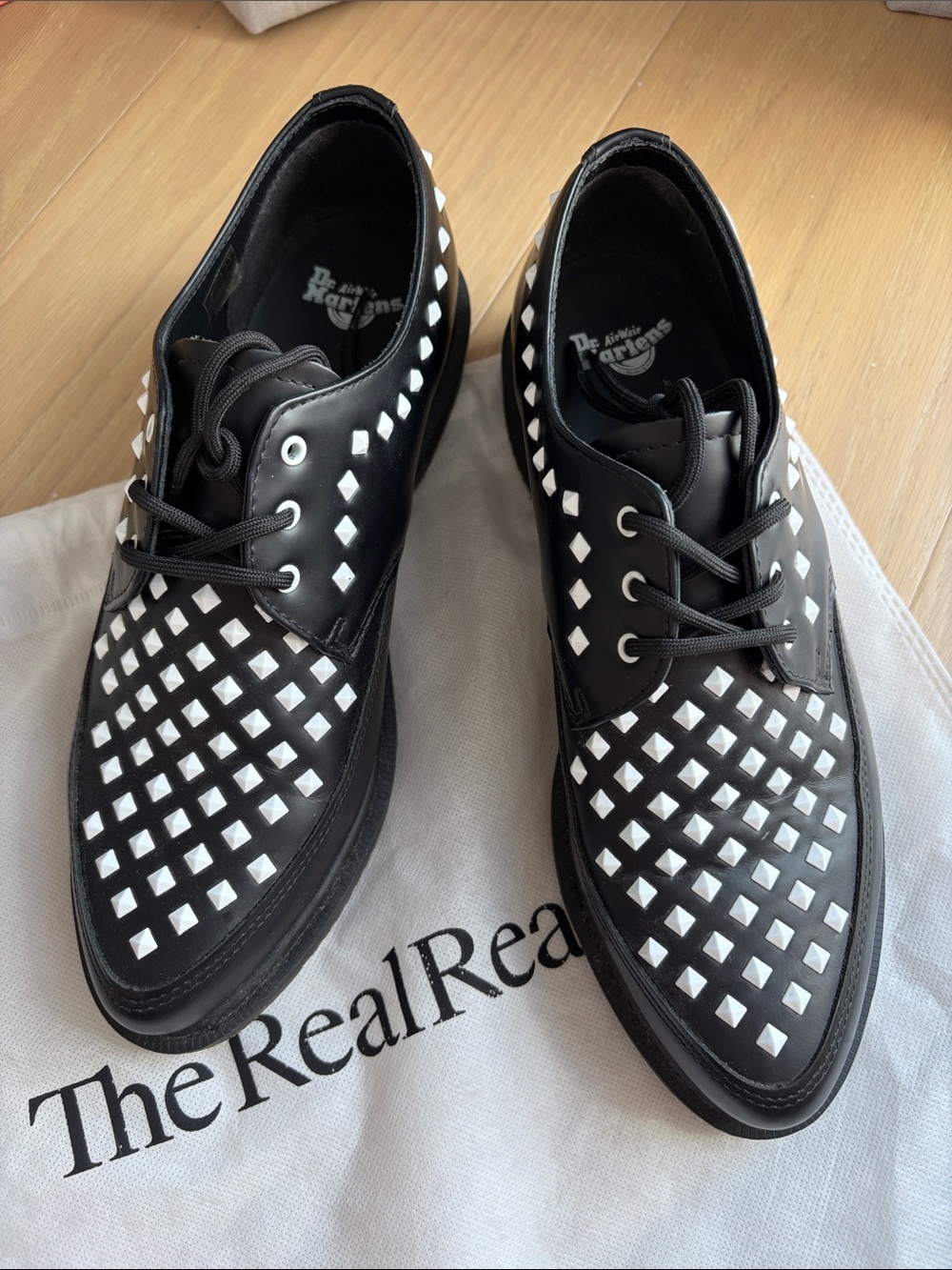 Dr. Martens Black Leather Derby Shoes with White Stud Grid - Picture 1 of 8